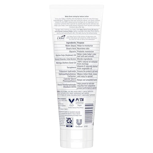 Bottle close-up of Baby Dove Caring By Nature hypoallergenic lotion for on-the-go care
