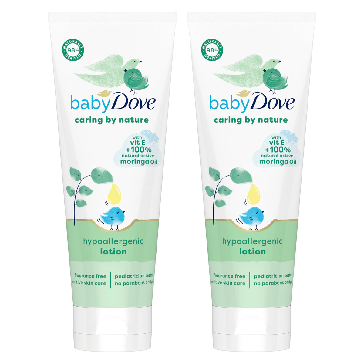 Baby Dove Caring By Nature hypoallergenic lotion front view 2-count for everyday moisturization