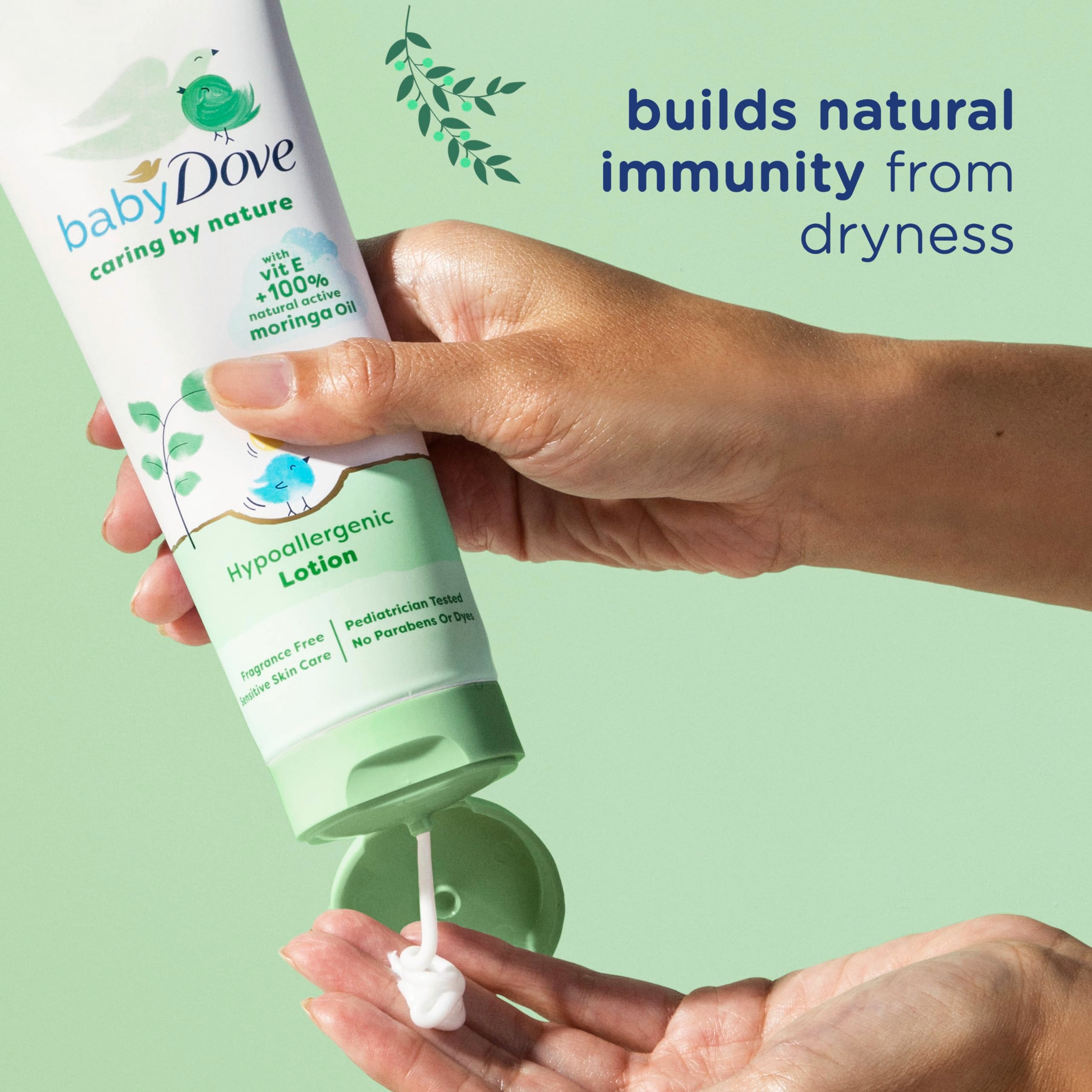 Close-up of Vitamin E and moringa oil ingredients in Baby Dove lotion