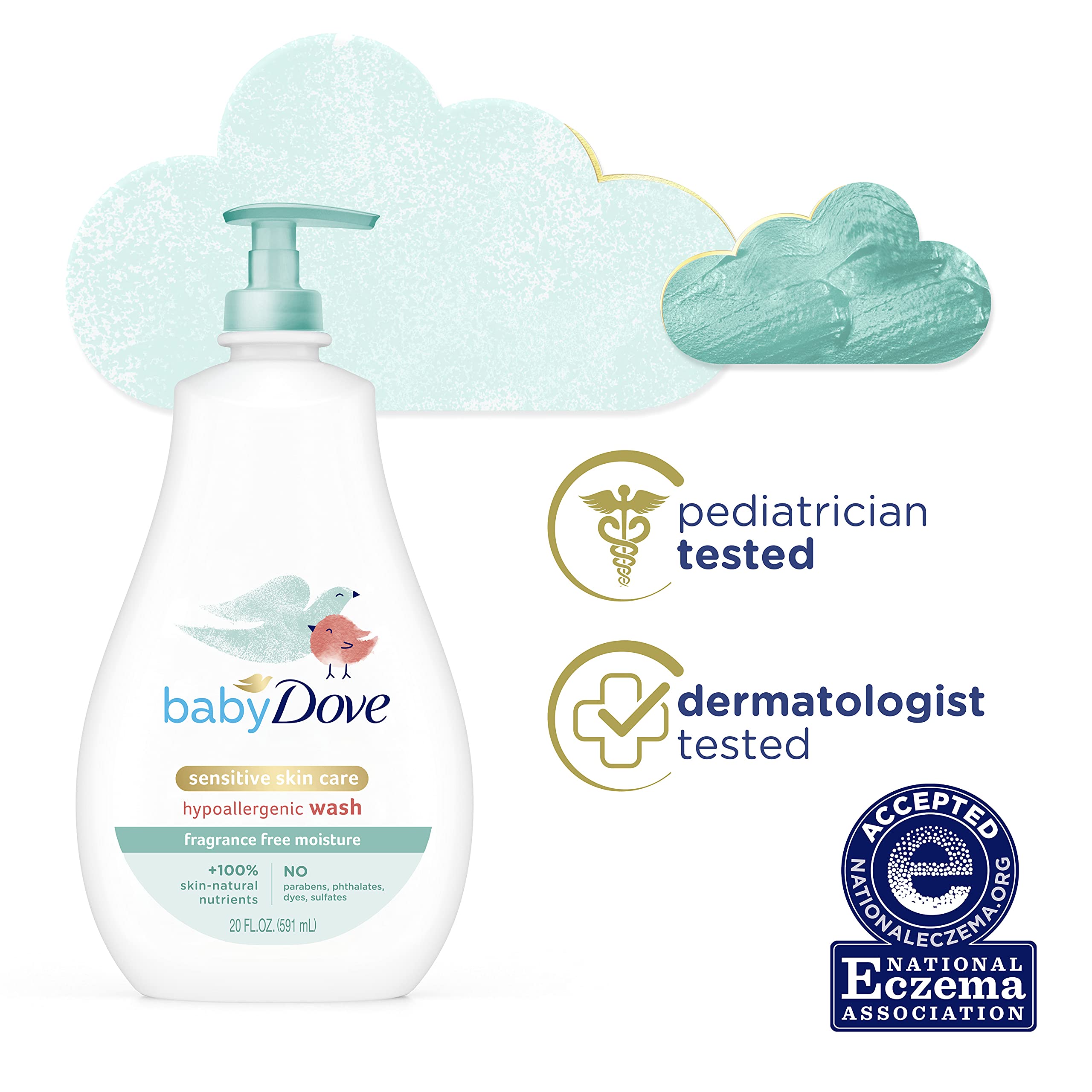 Free from dyes, sulfates, parabens, and phthalates in Baby Dove formula.