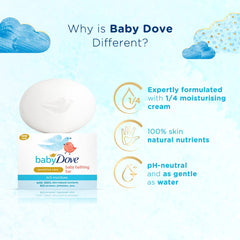 Baby Dove bar in hand with soft lather demonstrates soothing bath time care.
