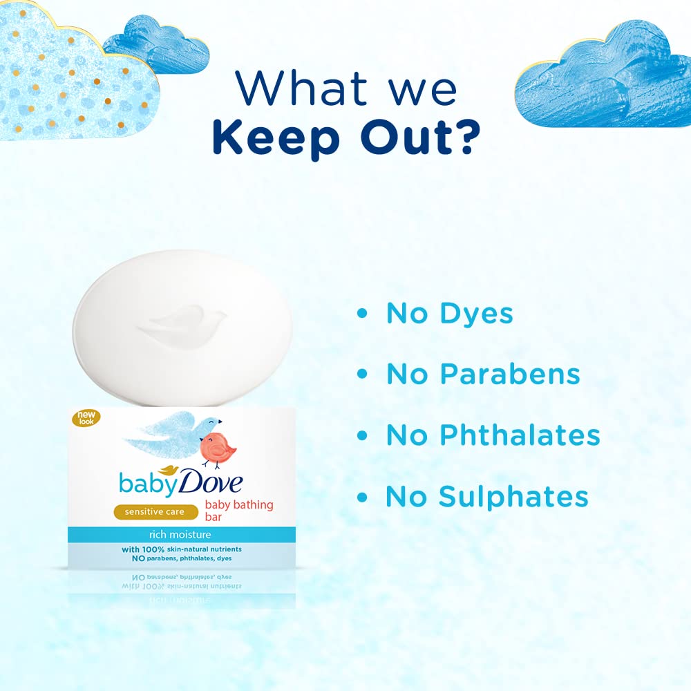 Baby Dove Rich Moisture Bar packaging shot highlights travel-friendly 75g size.