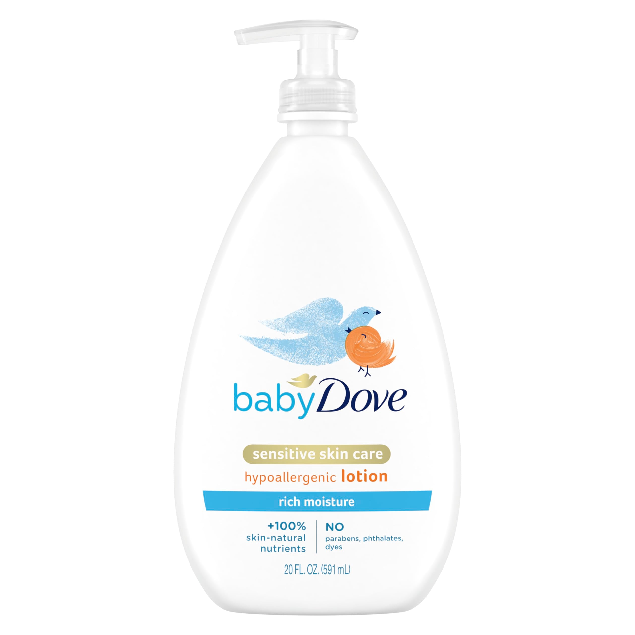 Baby Dove Rich Moisture hypoallergenic lotion bottle delivers 24-hour hydration for delicate baby skin.