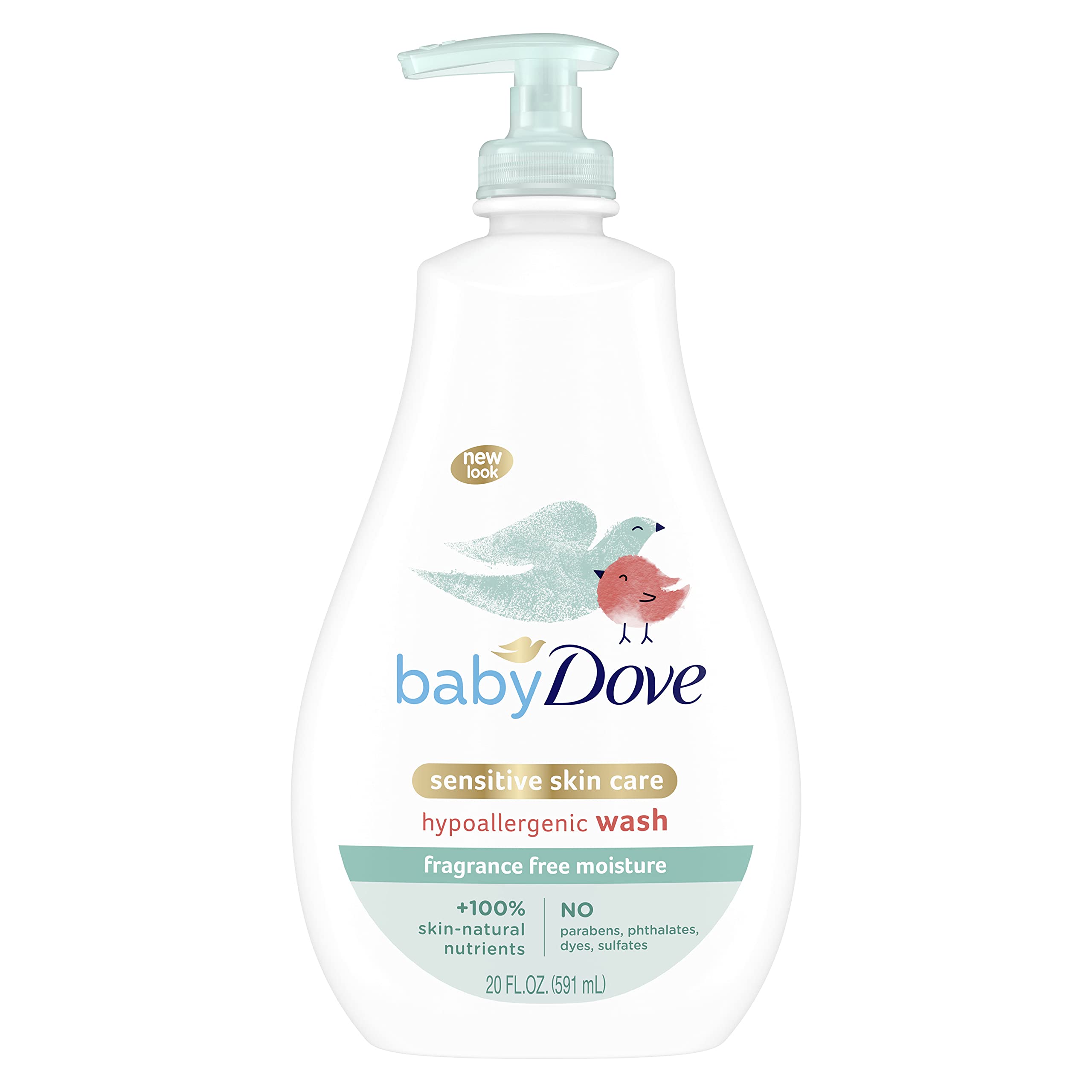 Baby Dove Sensitive Moisture Tip to Toe Wash bottle shows fragrance-free cleansing for delicate skin.