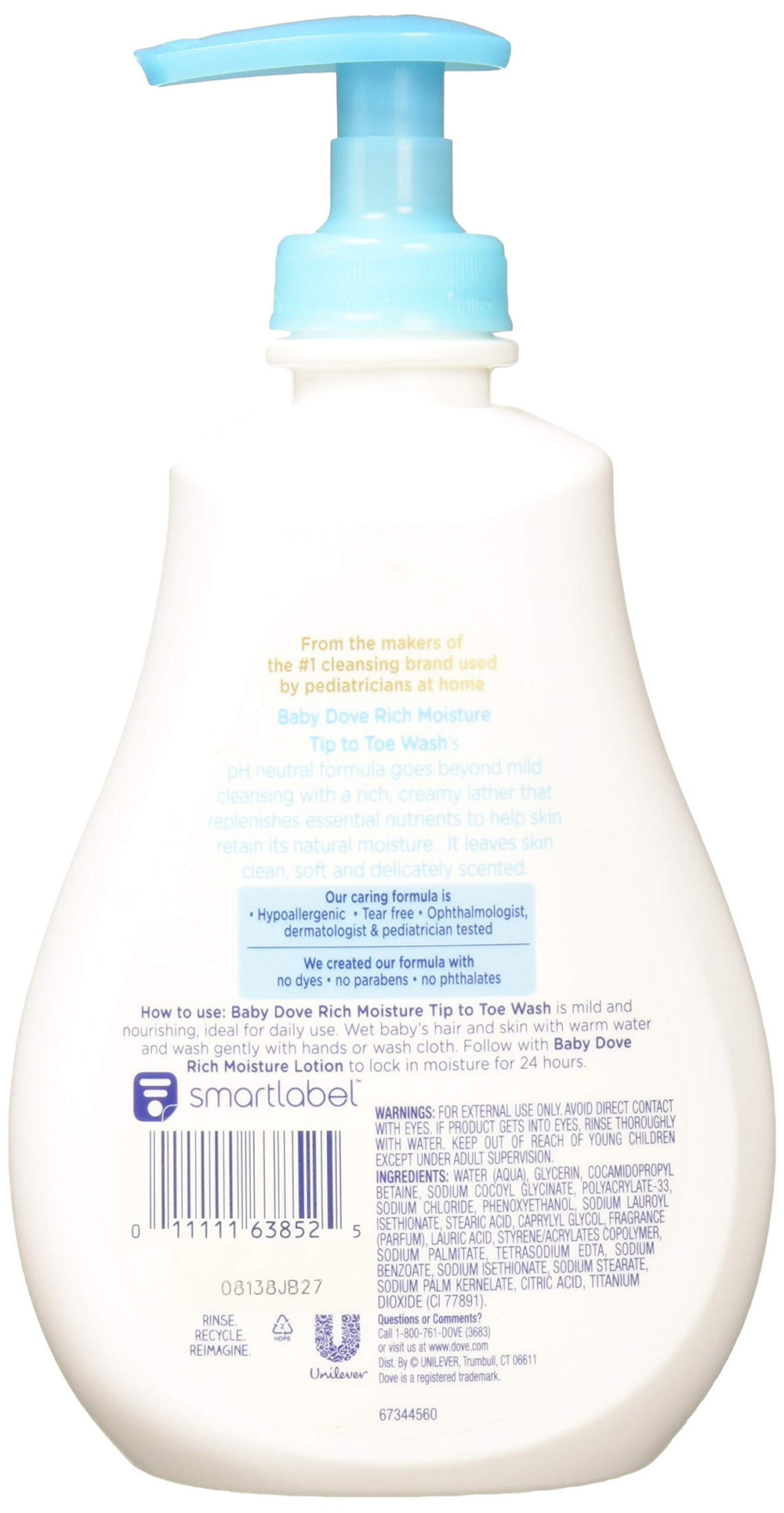 Baby Dove Tip To Toe Wash 6-pack pack-display shows tear-free, hypoallergenic formula.