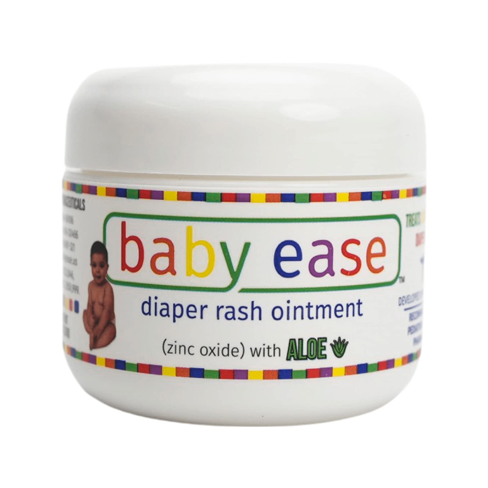 BabyEase diaper rash cream jar shows zinc oxide and aloe for soothing relief.