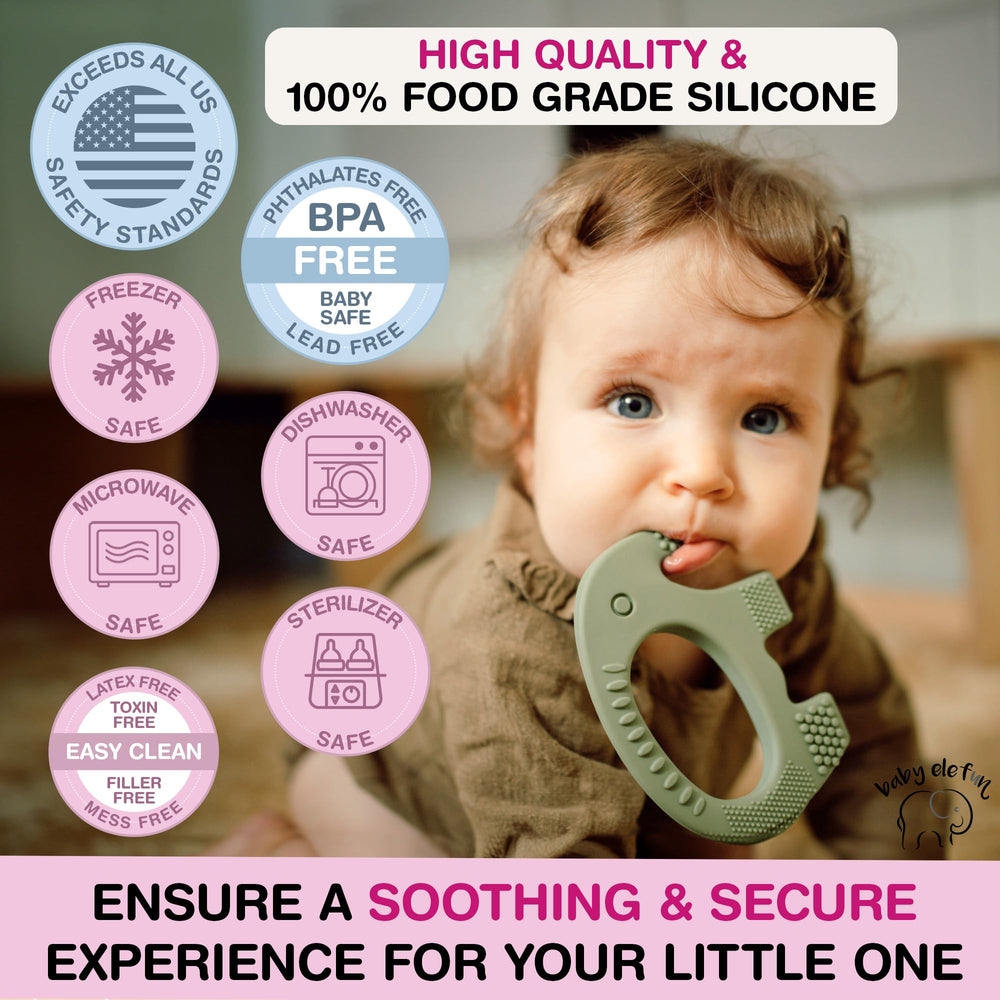 Baby Elefun olive teether can be cooled for gentle gum soothing.