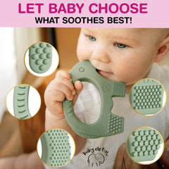 Baby Elefun olive teether with ergonomic handle for easy gripping.