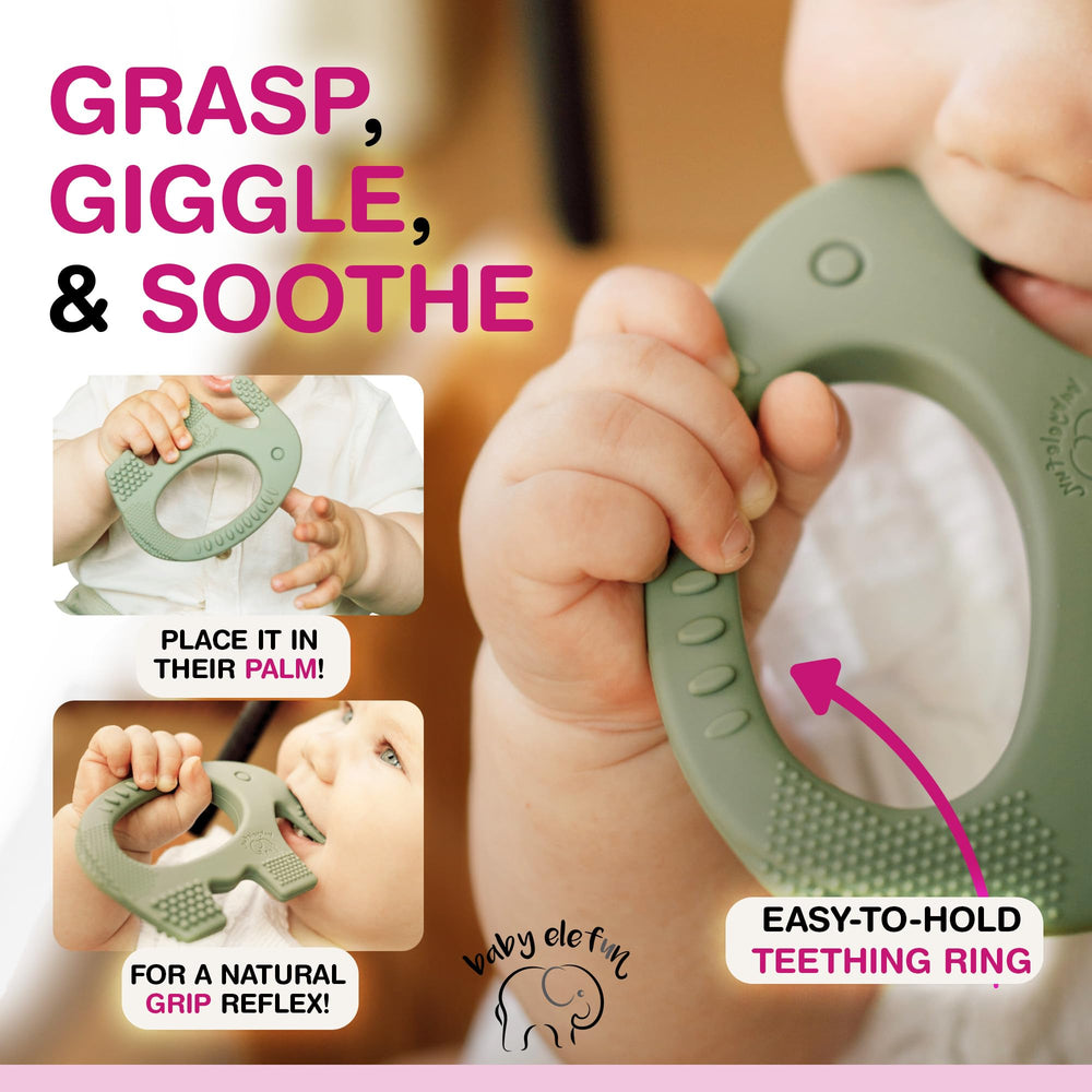 Baby Elefun olive teether is ideal for on-the-go soothing.