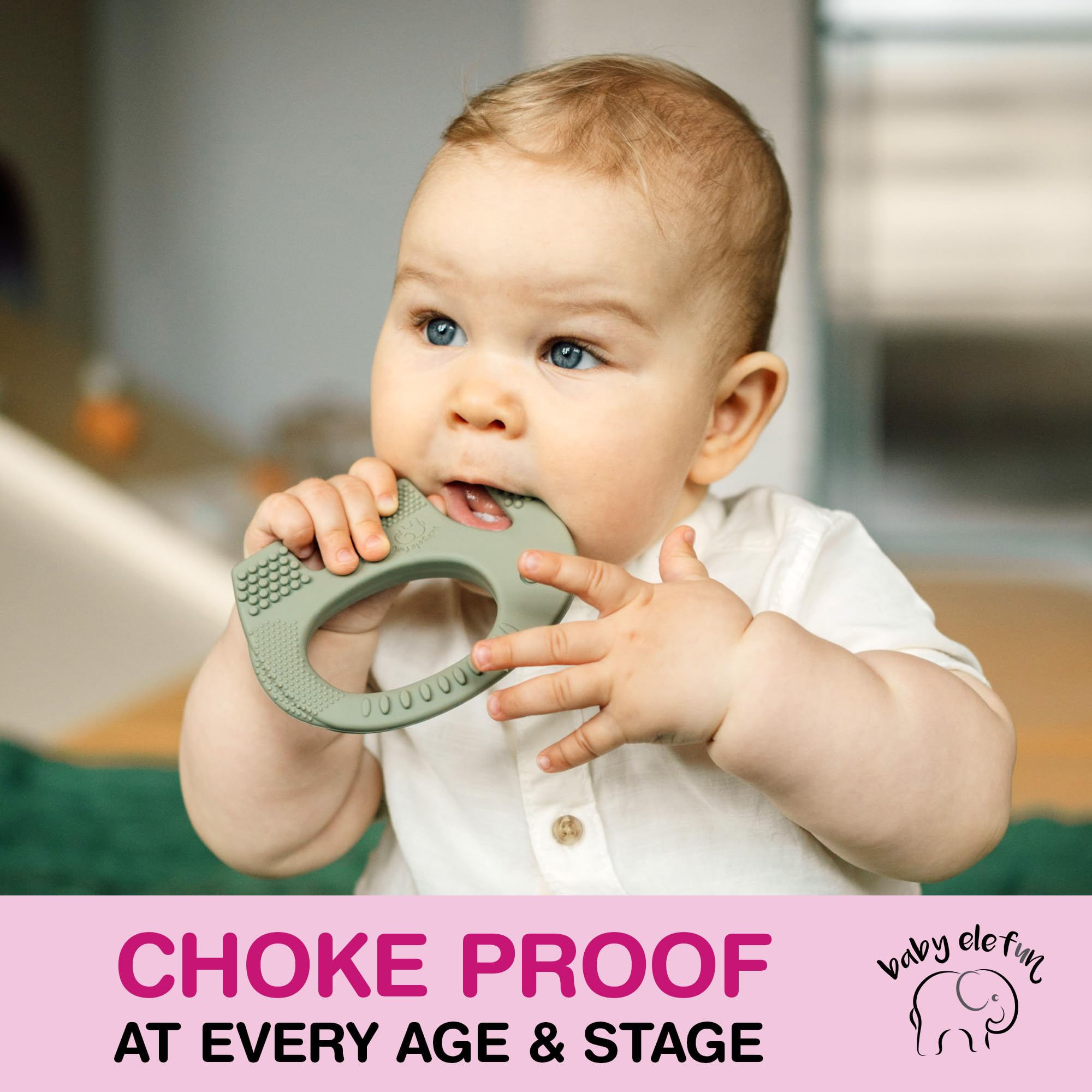 Baby Elefun olive teether fits easily in a diaper bag.