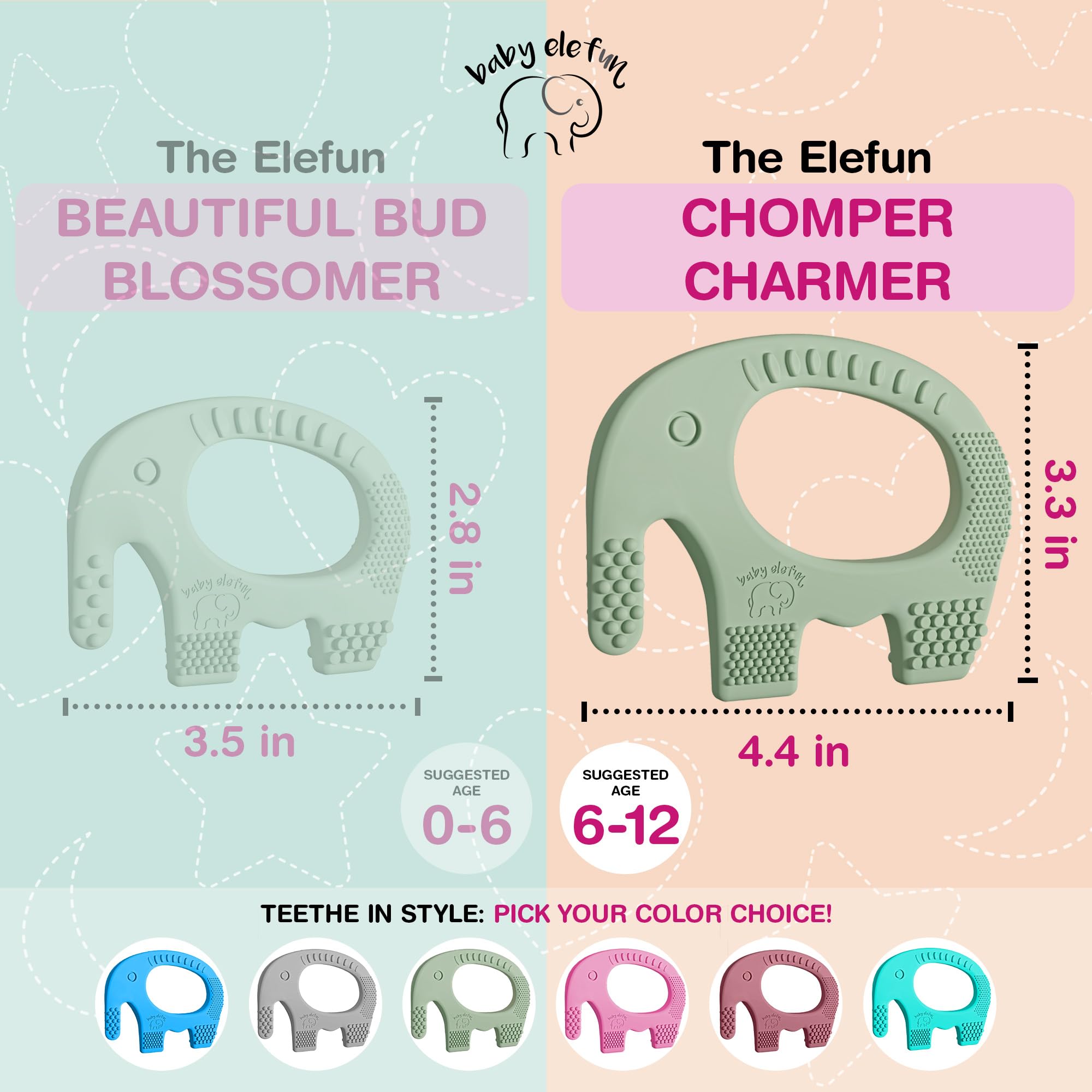 Baby Elefun olive teether with safety-first design for gentle chewing.