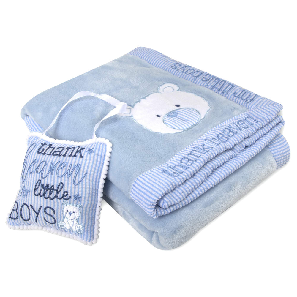 Baby Essentials blue bear blanket in nursery offering cozy comfort