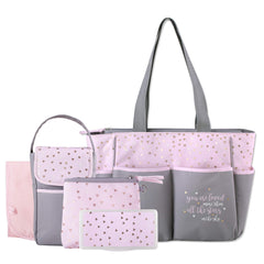 Baby Essentials diaper bag tote with sun motif keeps toys and wipes organized on the go.