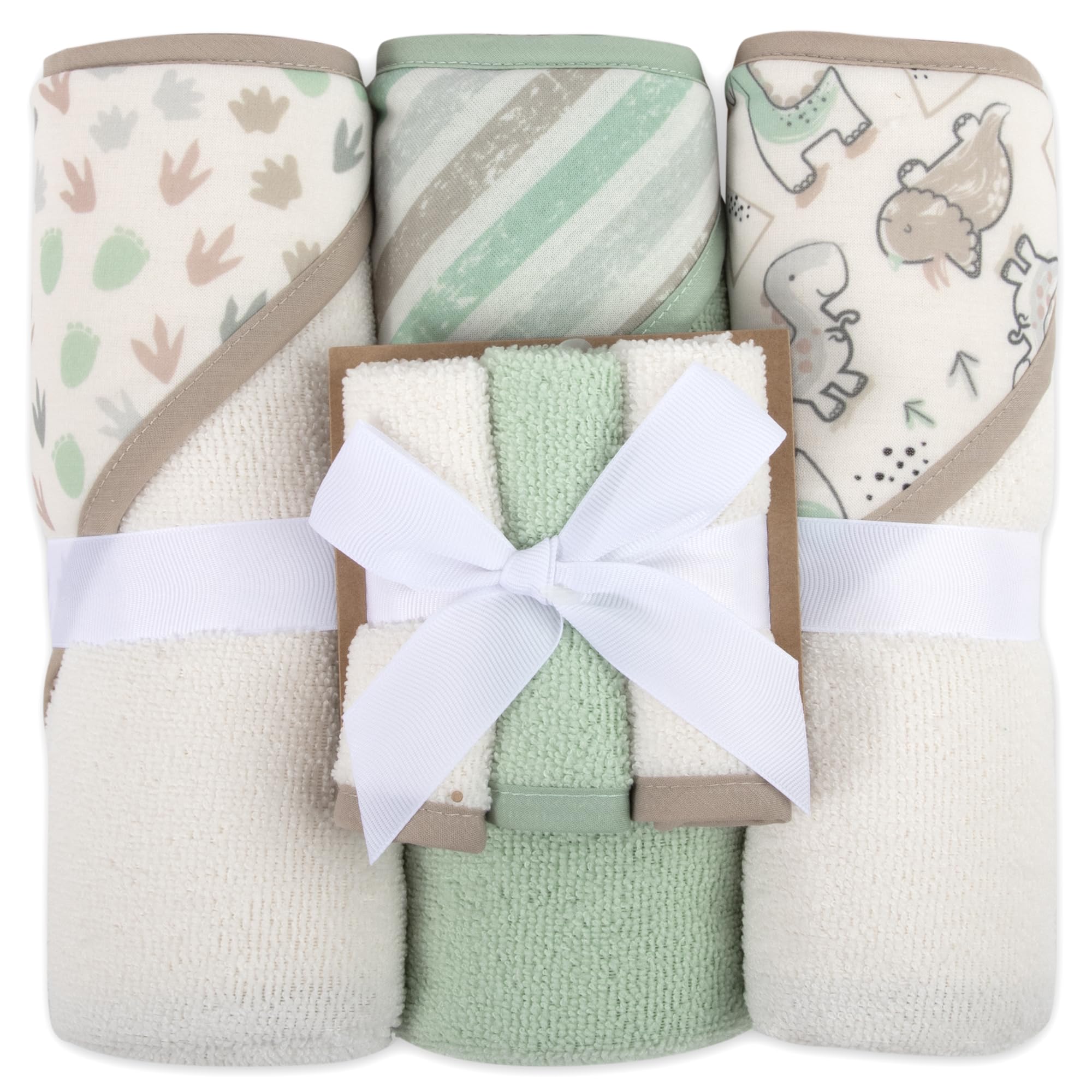 Baby Essentials dinosaurs-stripes hooded towel keeps baby warm and dry after bath