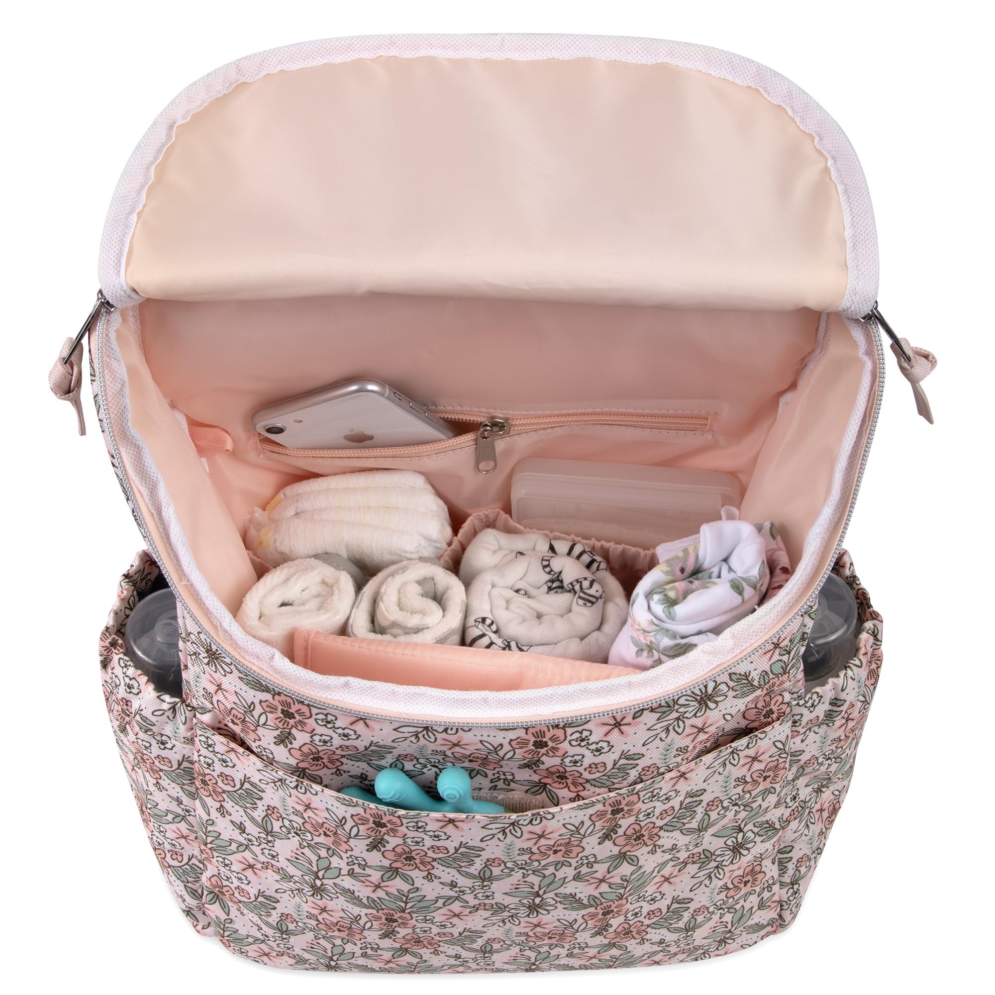Baby Essentials floral diaper backpack adjustable-carry-handle allows quick grab-and-go in crowded places.