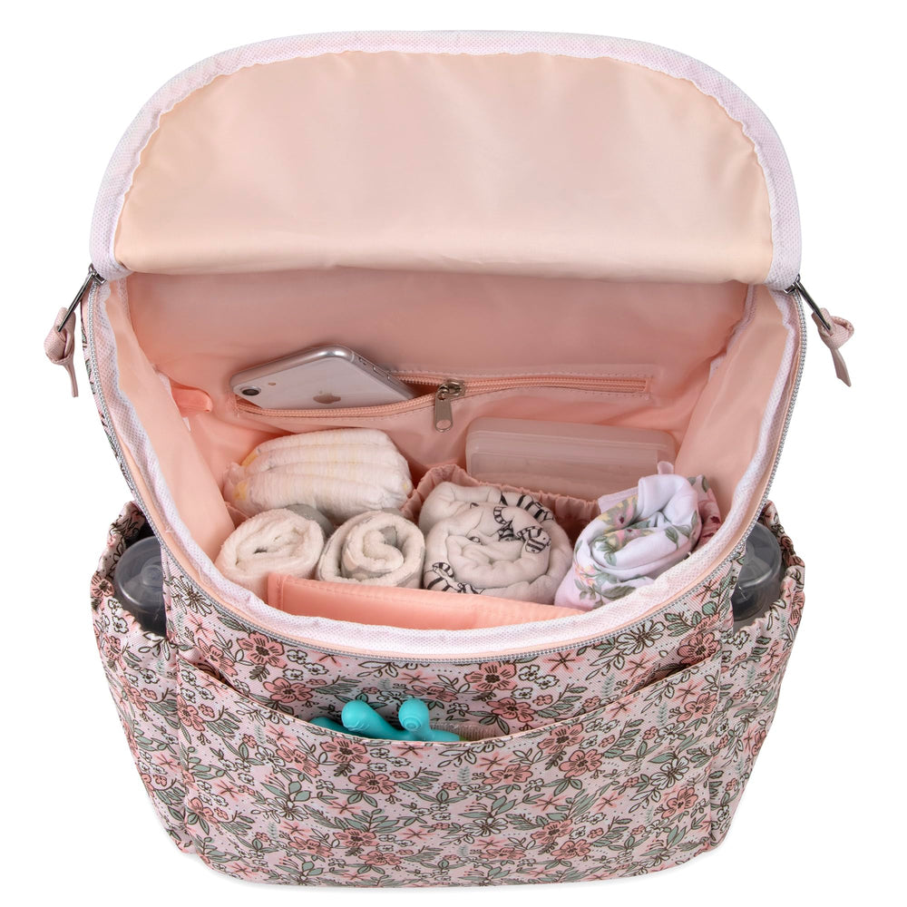Baby Essentials floral diaper backpack adjustable-carry-handle allows quick grab-and-go in crowded places.
