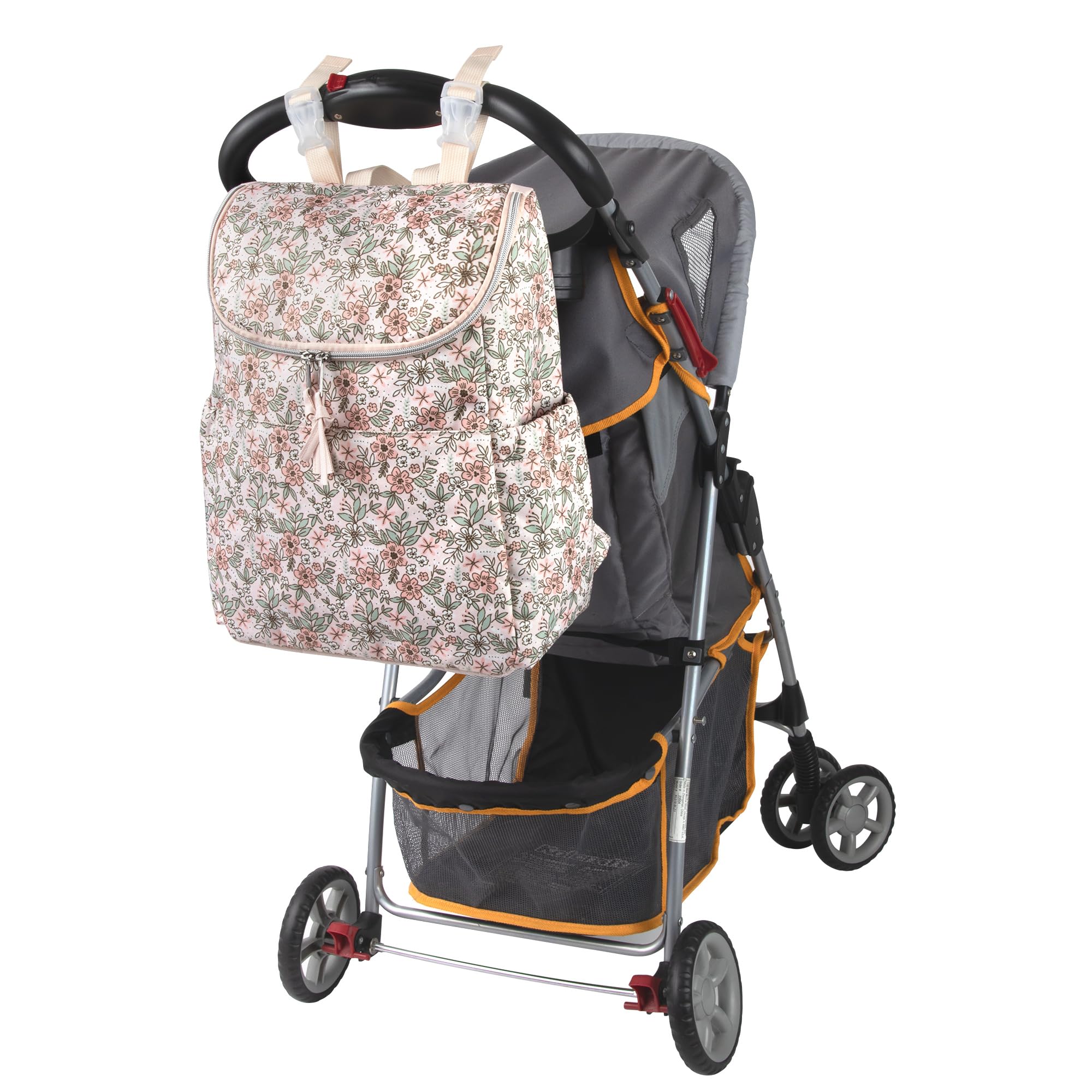 Baby Essentials floral diaper backpack dual-easy-grip-zippers enable easy one-handed access.