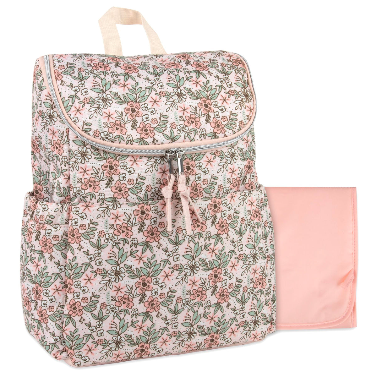 Baby Essentials floral diaper backpack front view with sturdy straps, ideal for travel and hands-free daily use.