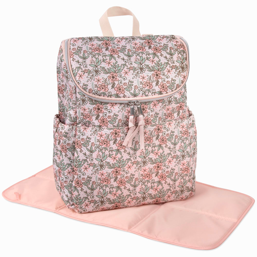 Baby Essentials diaper backpack interior changing pad extended for quick, clean diaper changes on the go.
