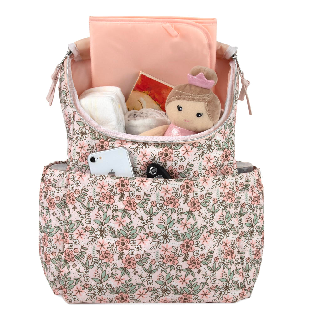 Baby Essentials floral diaper backpack pocket-organization view demonstrates versatile storage options for busy parents.