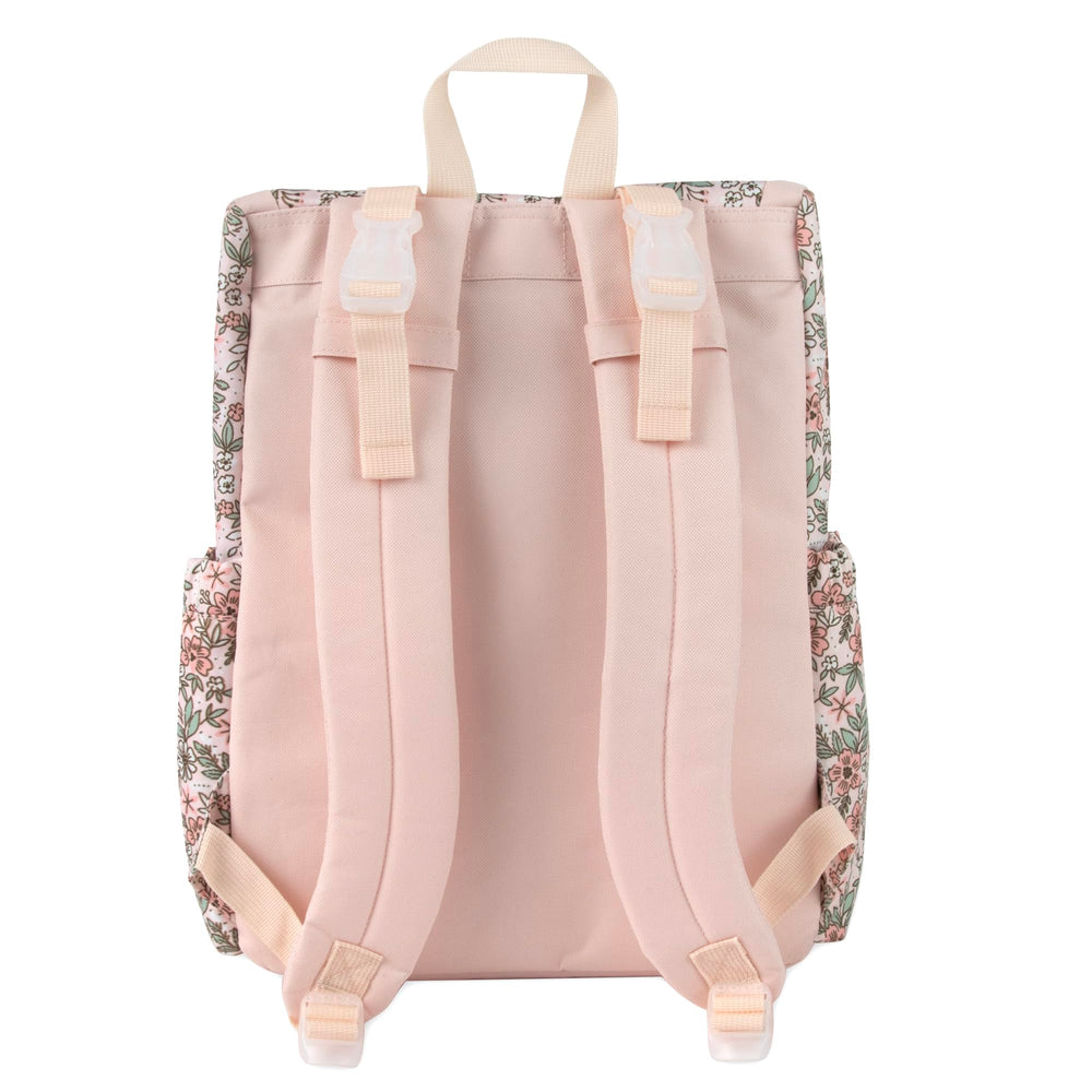 Baby Essentials floral diaper backpack side-water-bottle-pockets support hydration while out.