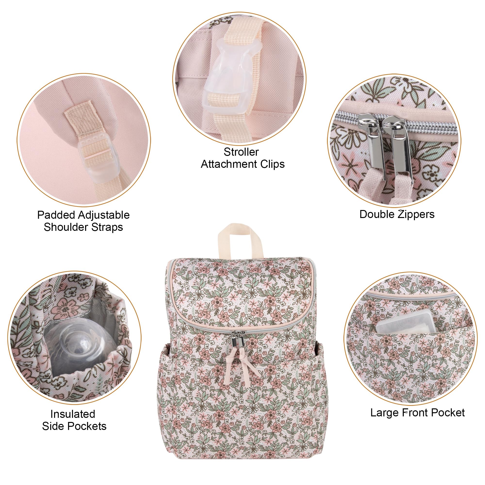 Baby Essentials floral diaper backpack standing-feet keep it upright on any surface.