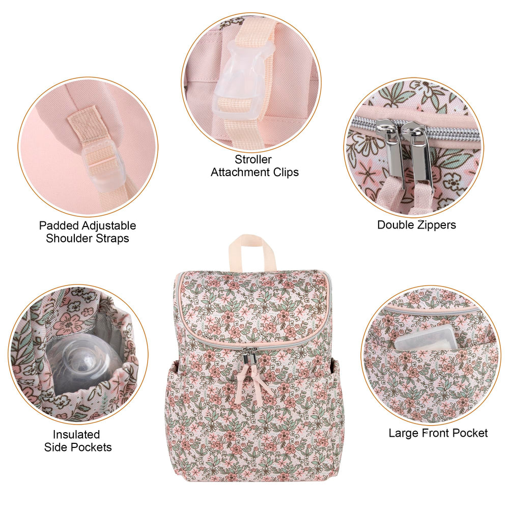 Baby Essentials floral diaper backpack standing-feet keep it upright on any surface.