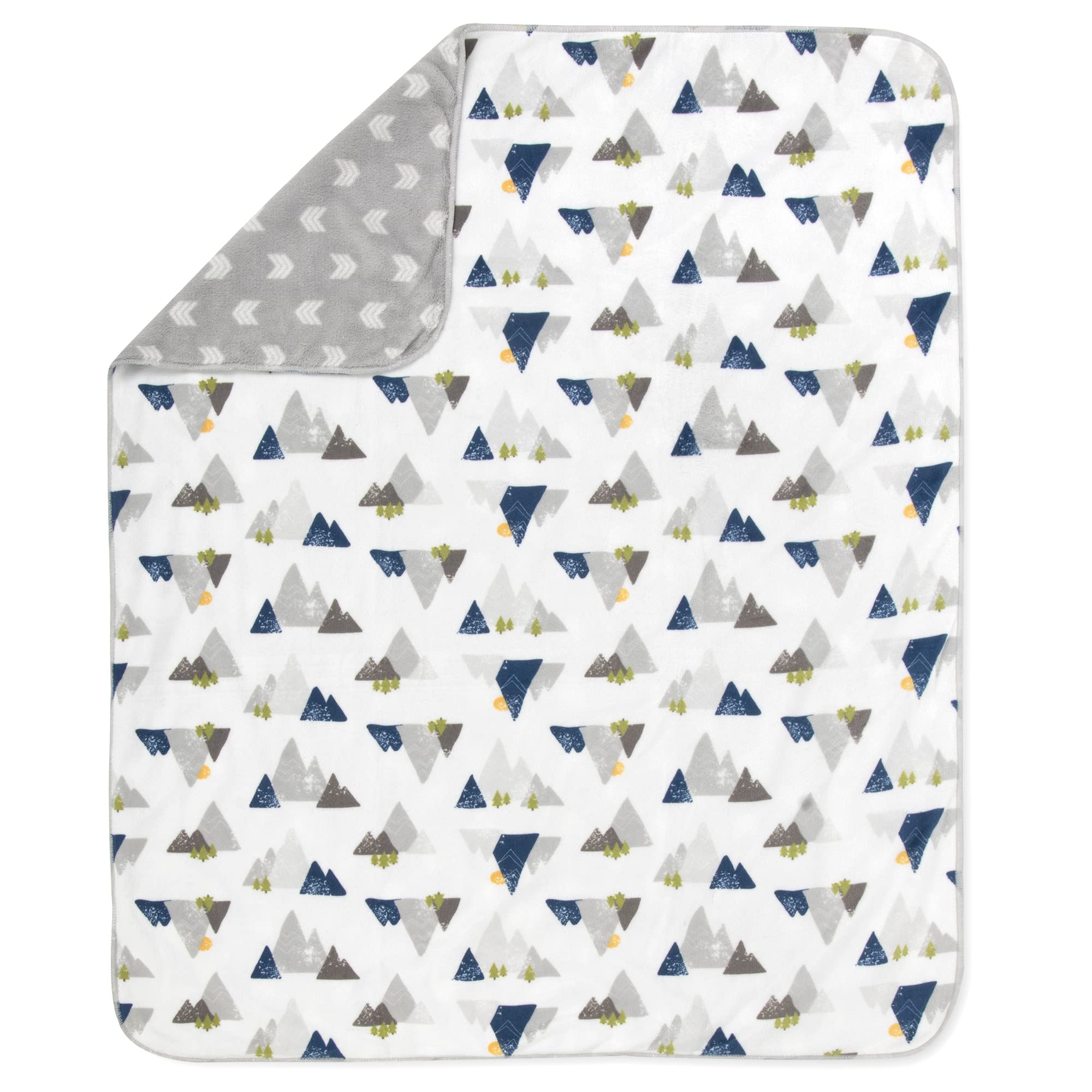Baby Essentials Sherpa blanket reversible design features mountains and arrows for neutral decor