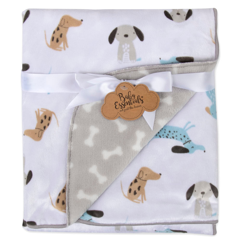 Baby Essentials Sherpa fleece blanket Puppy Grey front view for cozy newborn snuggles