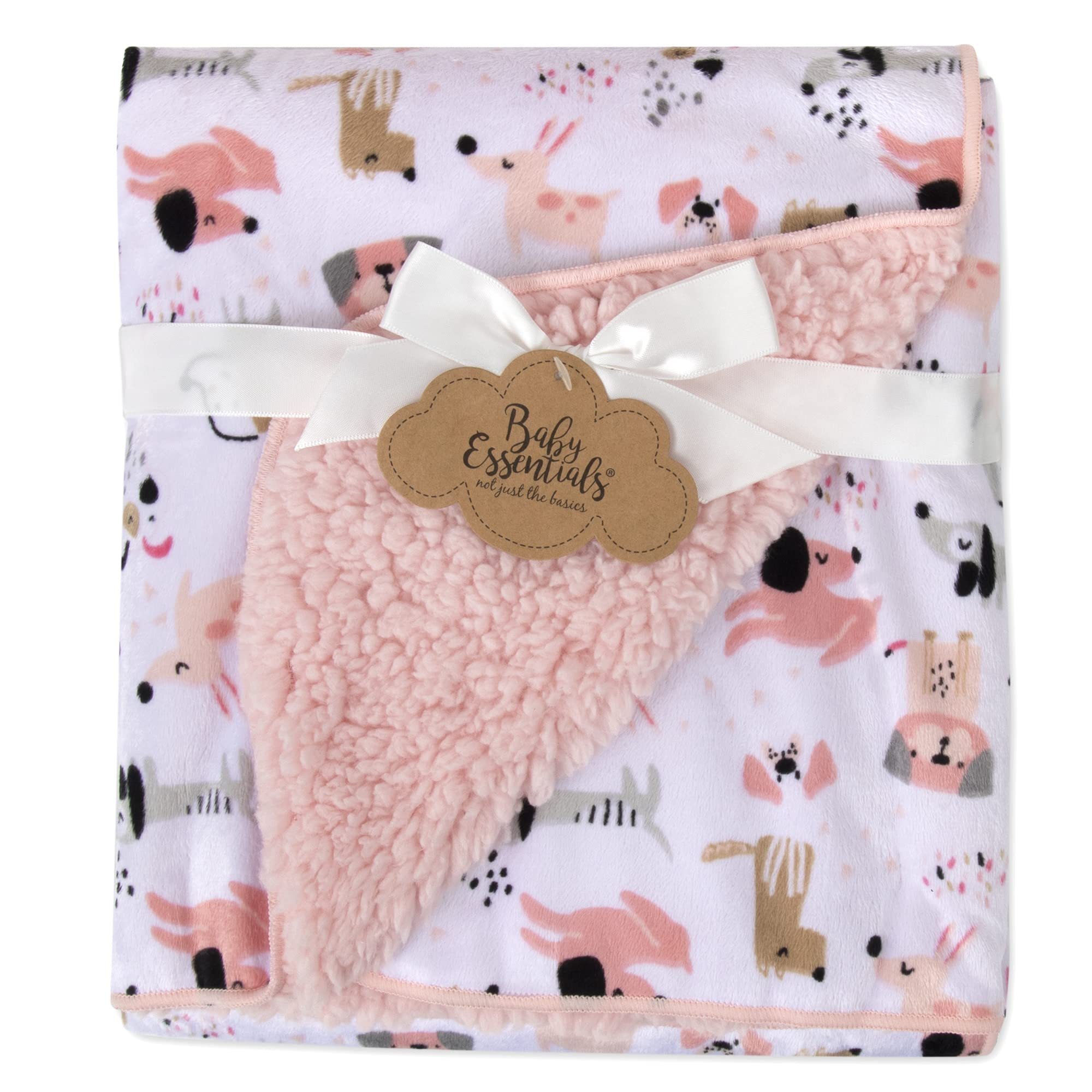 Baby Essentials Sherpa fleece Puppy Pink blanket front view, cozy for newborn naps