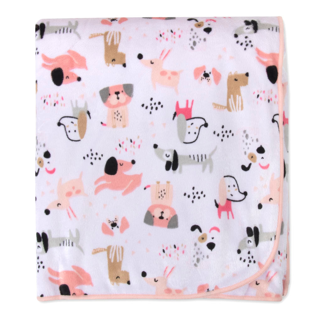 Baby Essentials Puppy Pink blanket in a nursery with reversible design and warmth