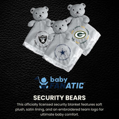 Plush bear head atop a 14x14 blanket with satin lining offering tactile security.