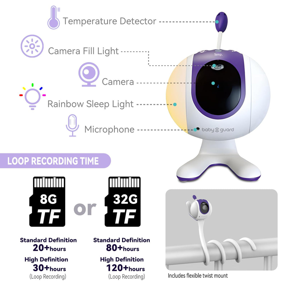 BABY GUARD flexible mount enables easy angle adjustment for optimal viewing.