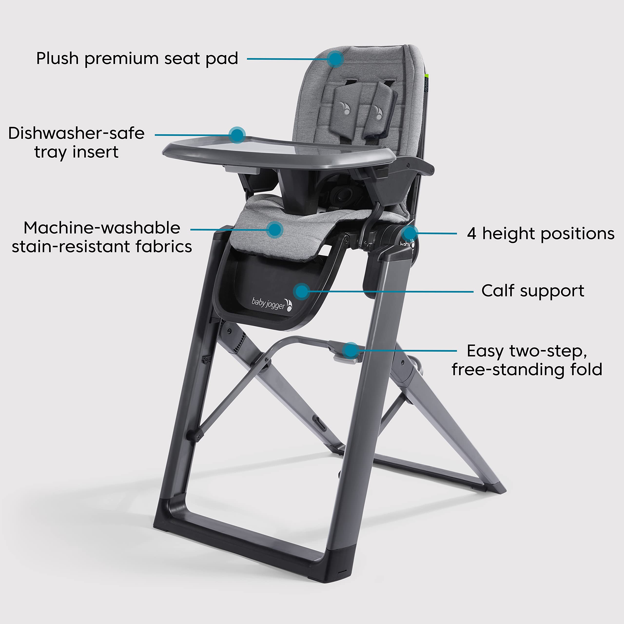 Calf support on the City Bistro high chair graphite for comfort.