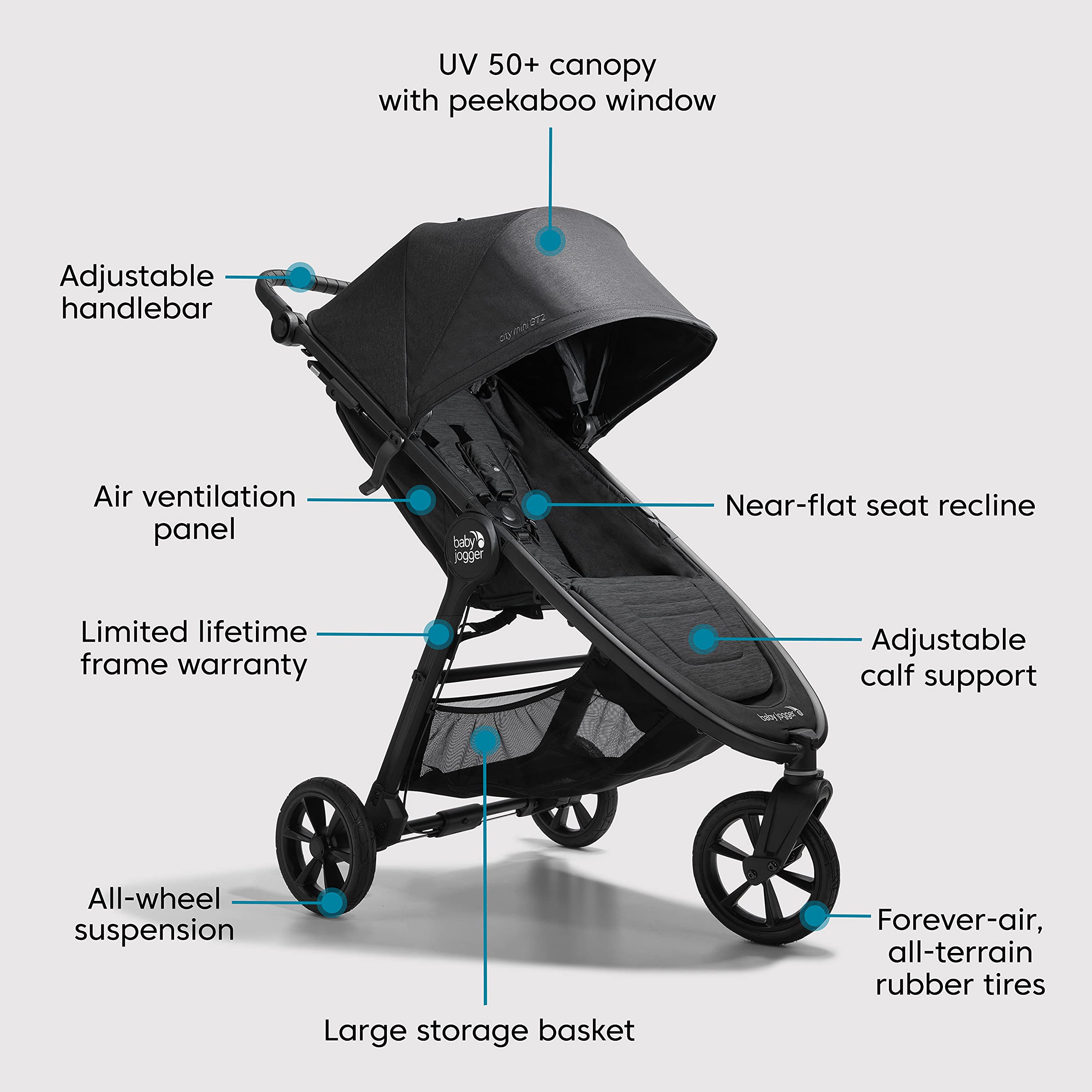 Baby Jogger City Mini GT2 UV 50+ canopy with peekaboo window for shade