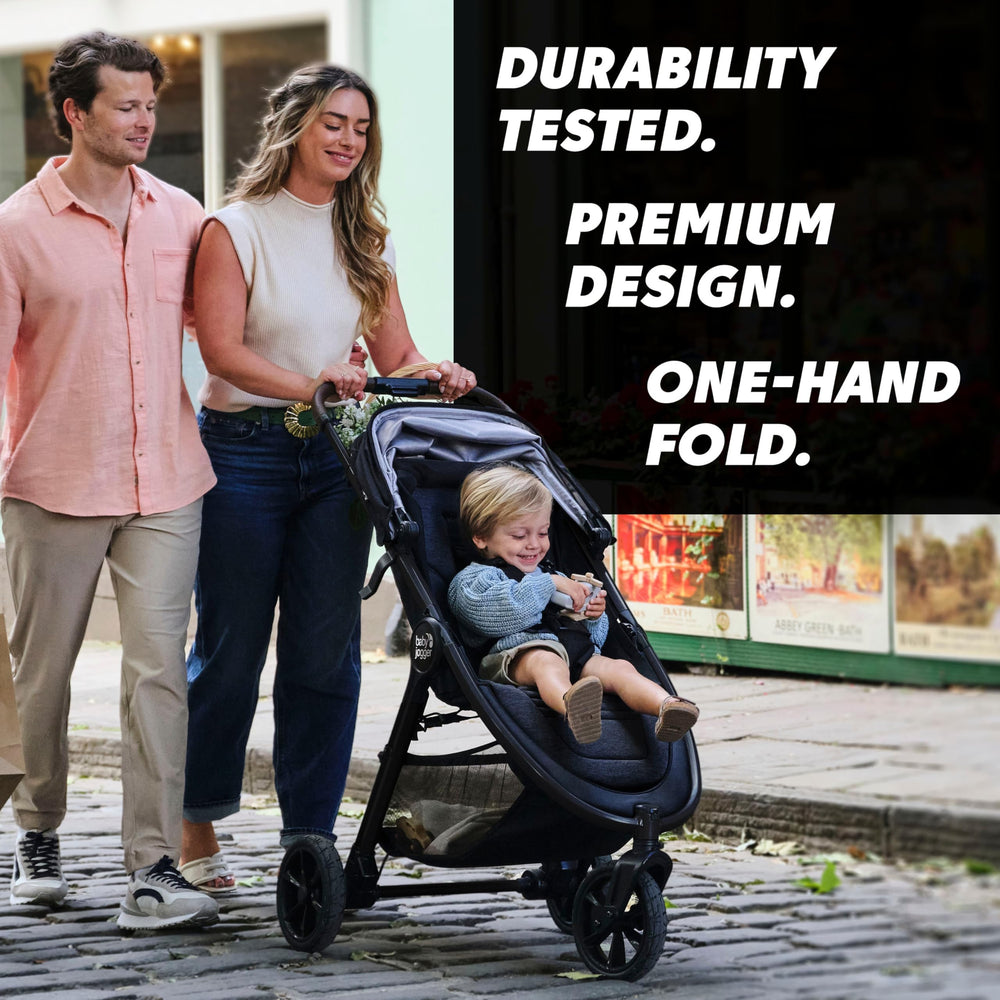 Baby Jogger City Mini GT3 with all-wheel suspension for confident pushing across city streets and trails.