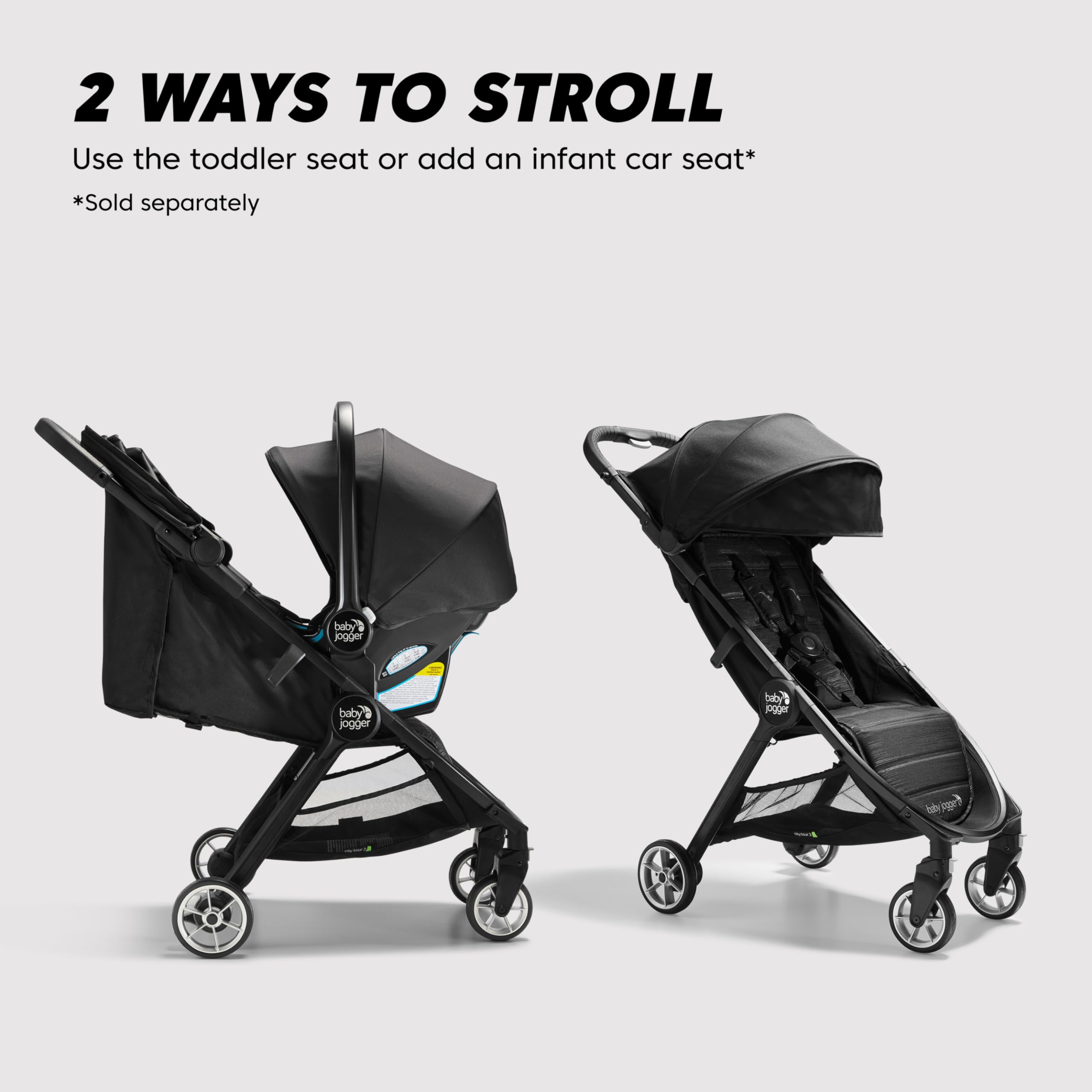 Baby Jogger City Tour 2 seat recline nearly flat for resting babies.