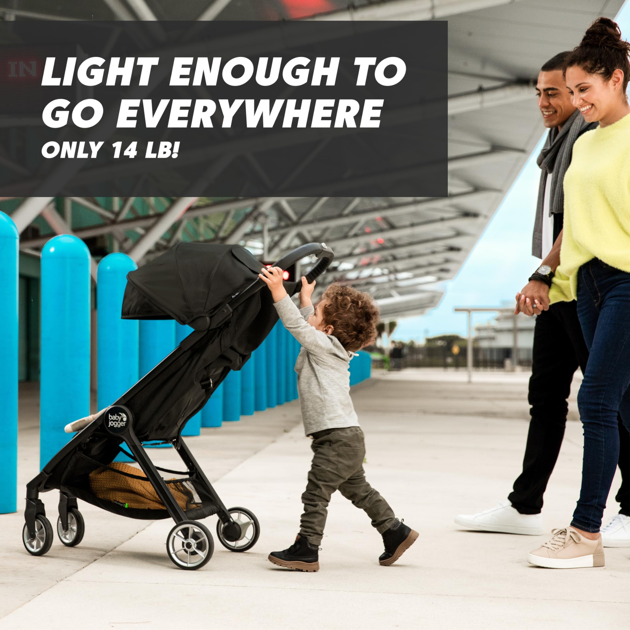 Baby Jogger City Tour 2 UV 50+ canopy with extension provides shade.