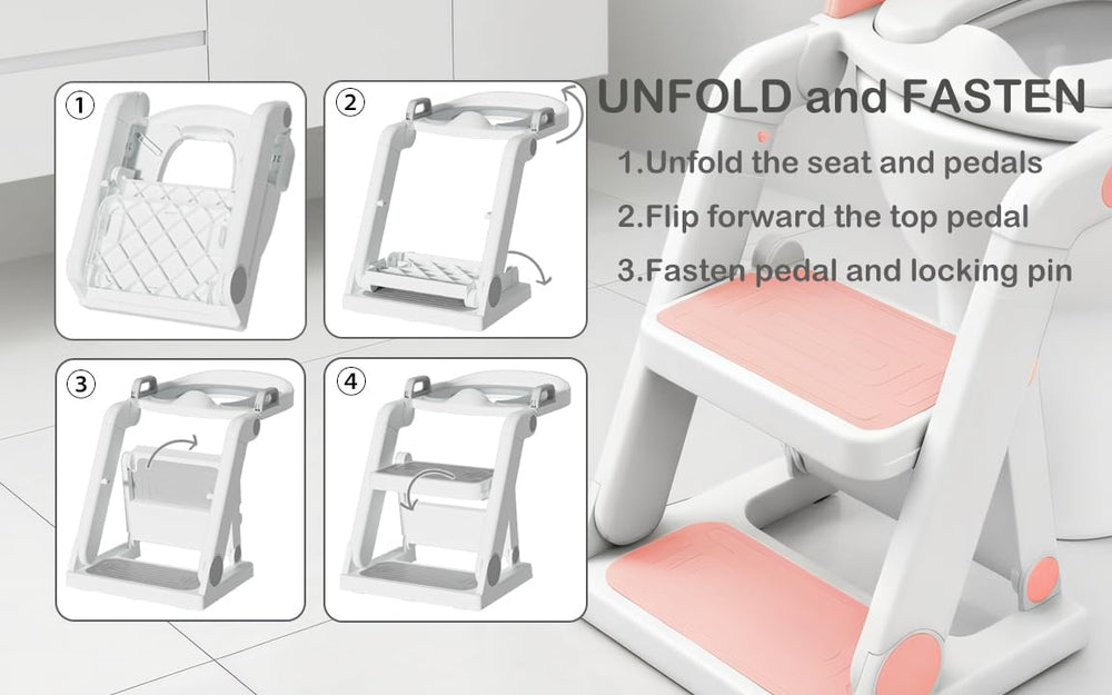 BABY JOYCE pink potty chair for kids adds a friendly training aid.
