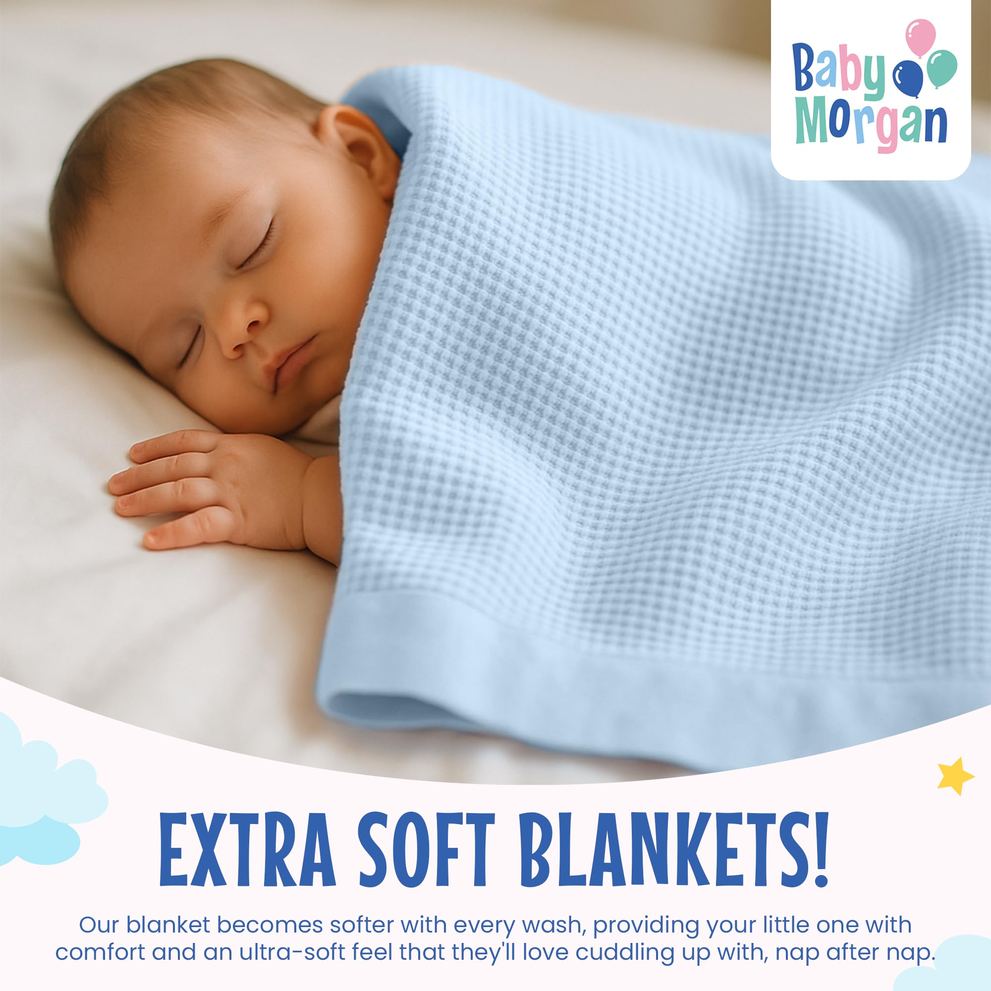 Blue Baby Morgan blanket laid out in a crib for newborn snaps.