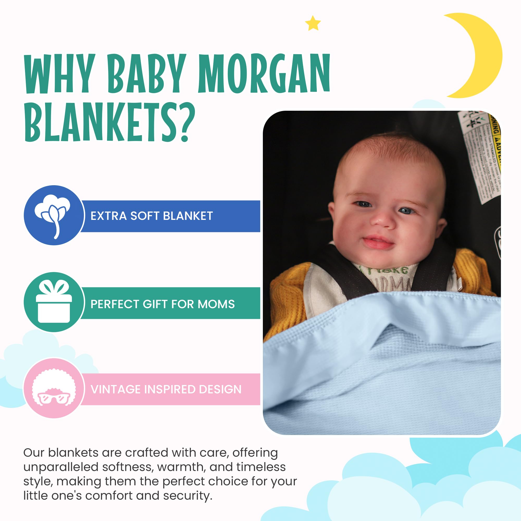 Gift-ready Baby Morgan blue blanket ideal for baby showers.
