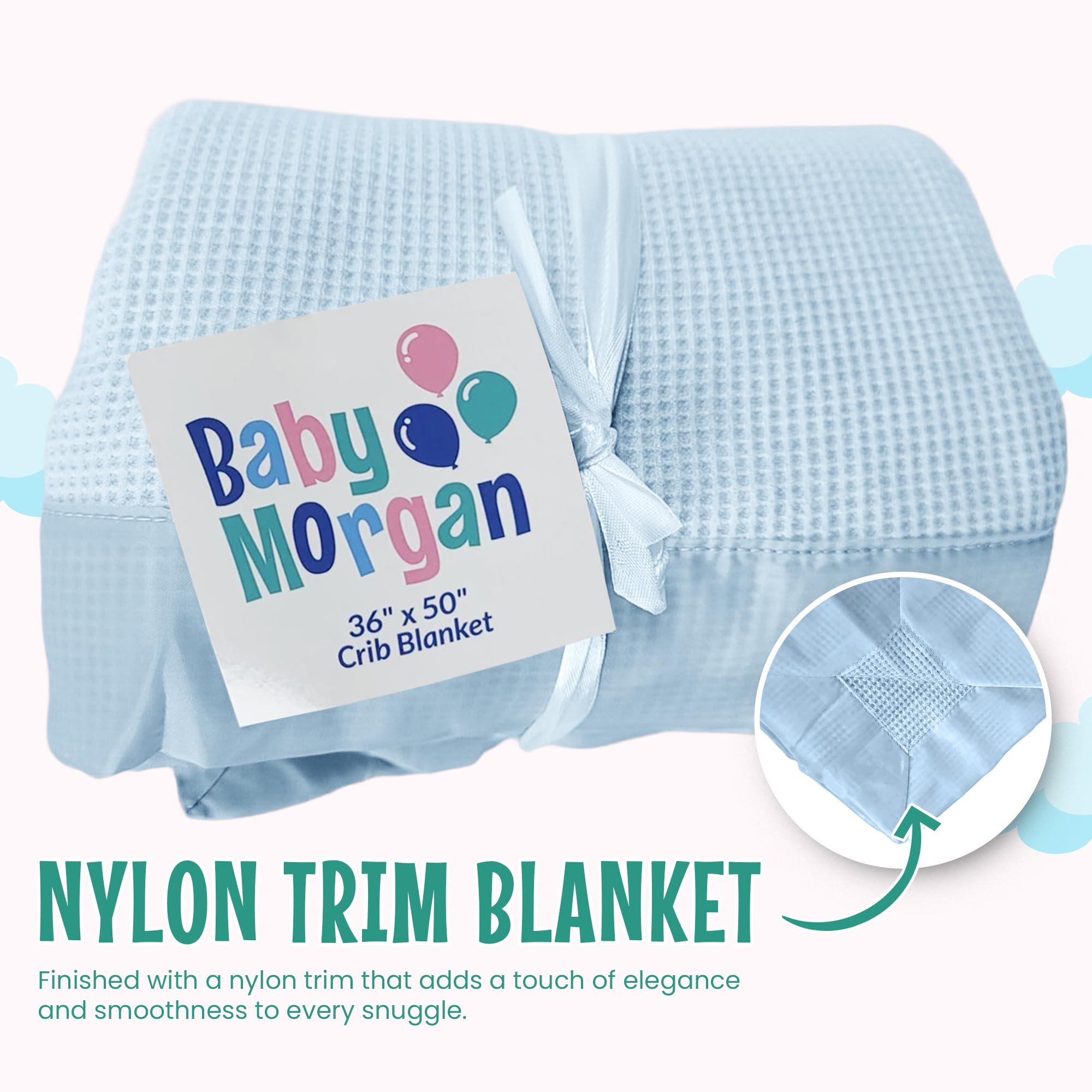 Close-up of Baby Morgan blanket blue nylon trim emphasizing durability.