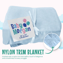 Close-up of Baby Morgan blanket blue nylon trim emphasizing durability.