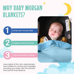 Close-up of blue Baby Morgan blanket shows soft waffle texture and durable nylon edge.