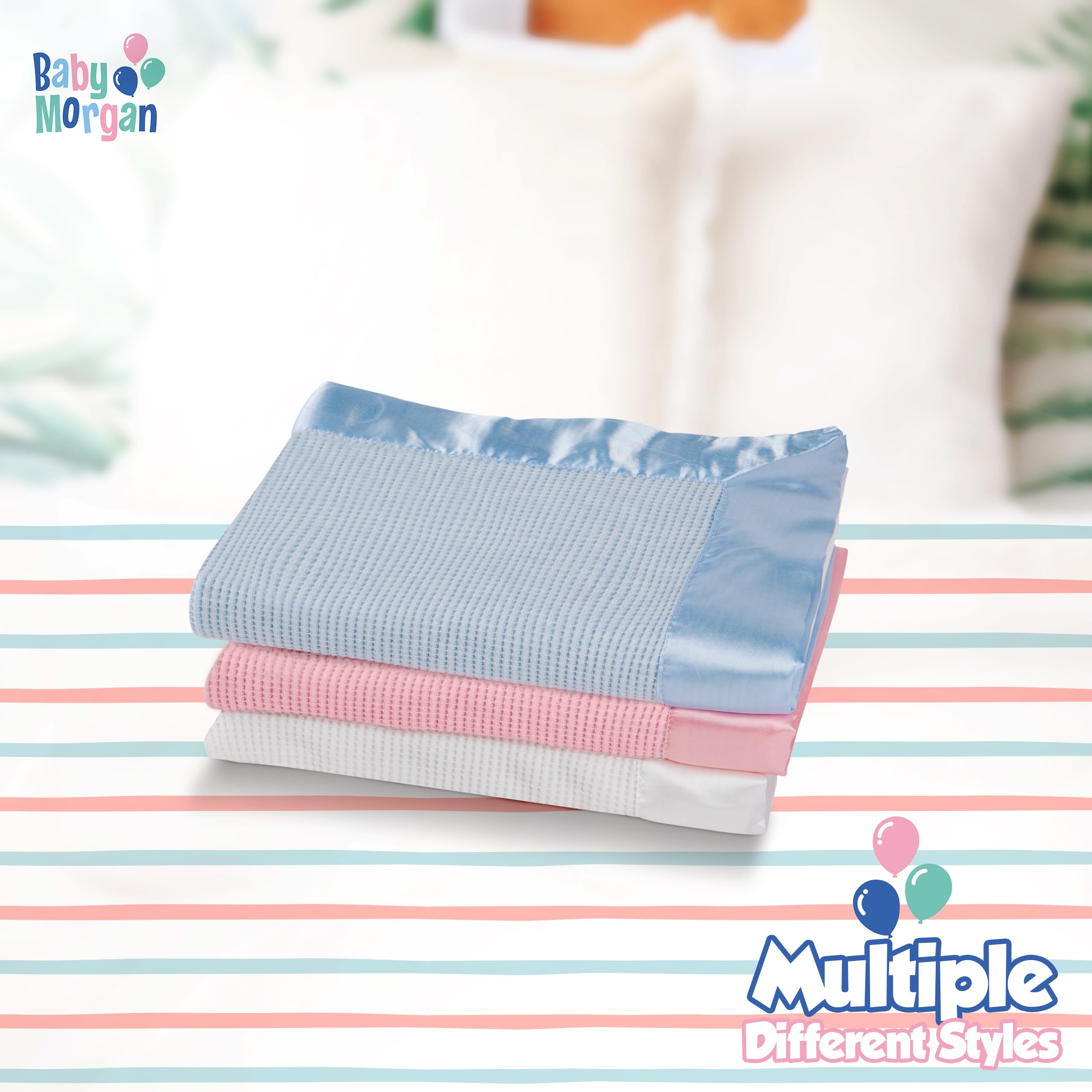 Blue blanket with nylon trim complements nursery decor and daily routines.