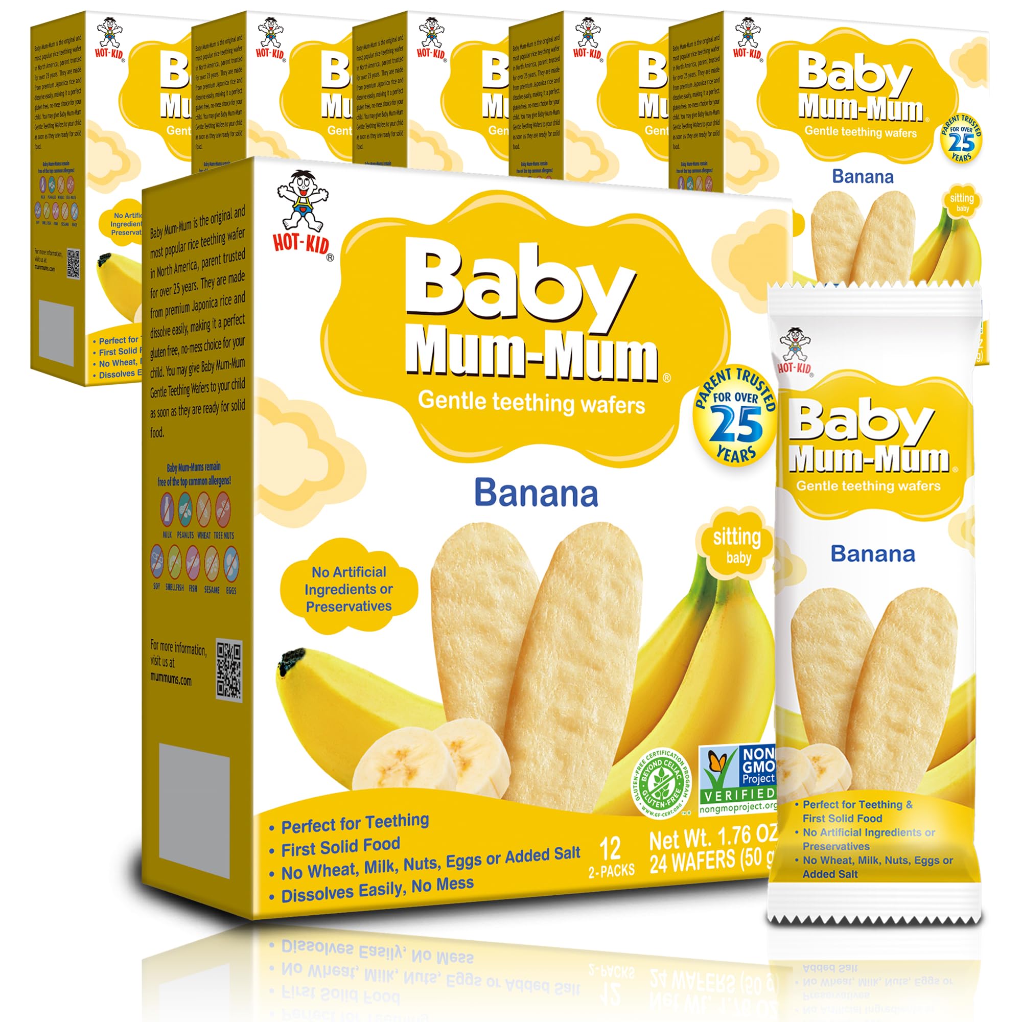 Baby Mum-Mum Gentle Banana teething crackers in a multi-pack, ideal for teething comfort.