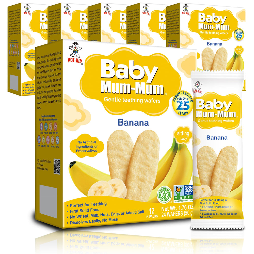 Baby Mum-Mum Gentle Banana teething crackers in a multi-pack, ideal for teething comfort.