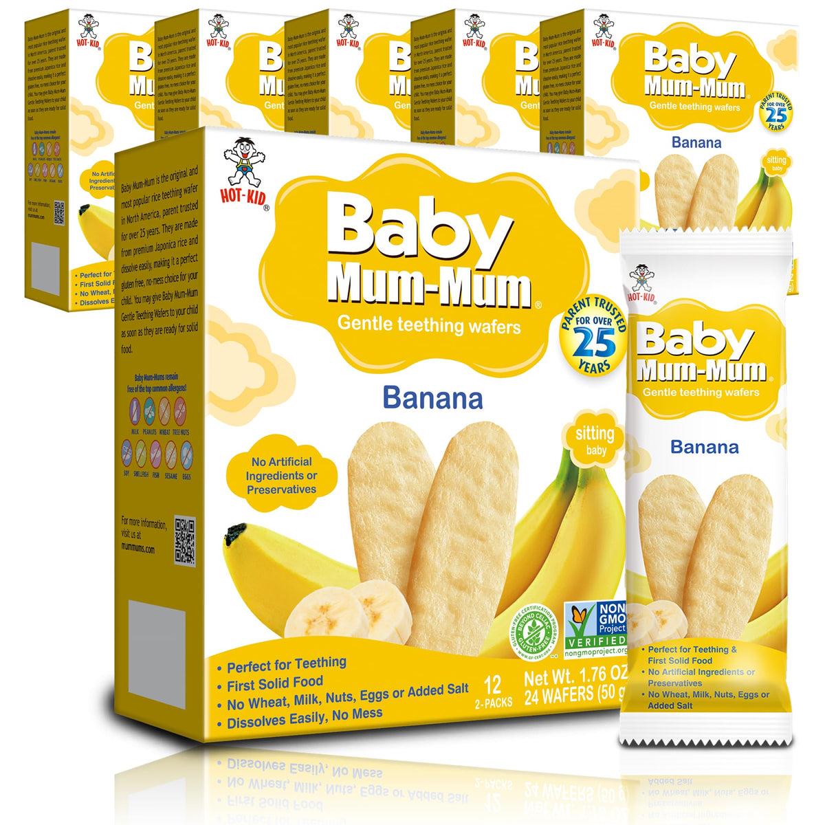Baby Mum-Mum Gentle Banana teething crackers in a multi-pack, ideal for teething comfort.