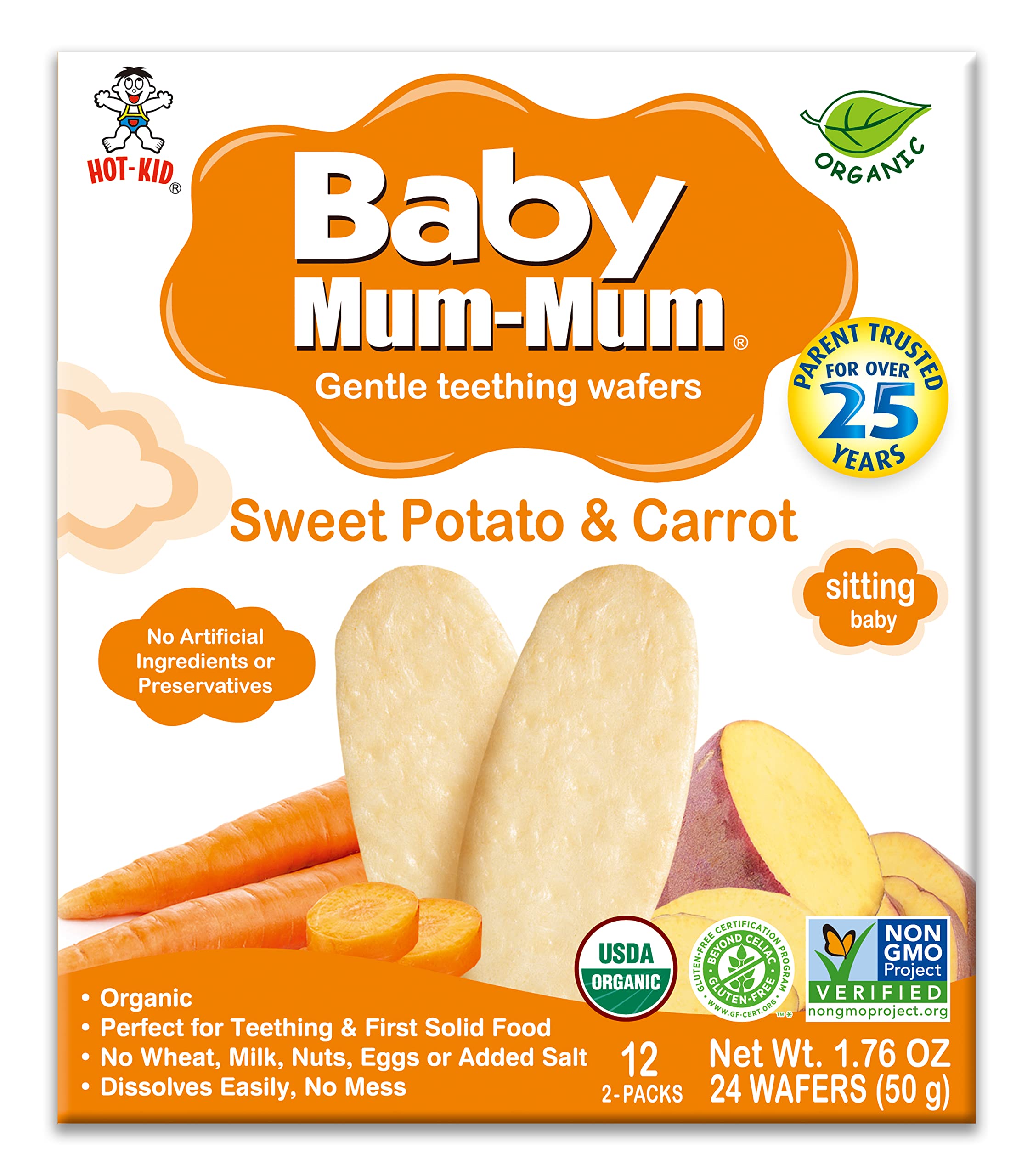 Baby Mum-Mum Hot-Kid rice rusks in an organic sweet potato and carrot flavor.
