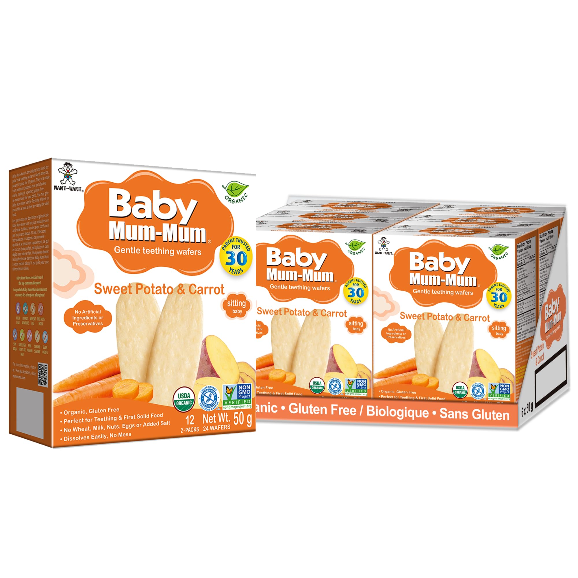 Baby Mum-Mum Hot-Kid rice rusks with sweet potato and carrot dissolve easily for tiny hands.